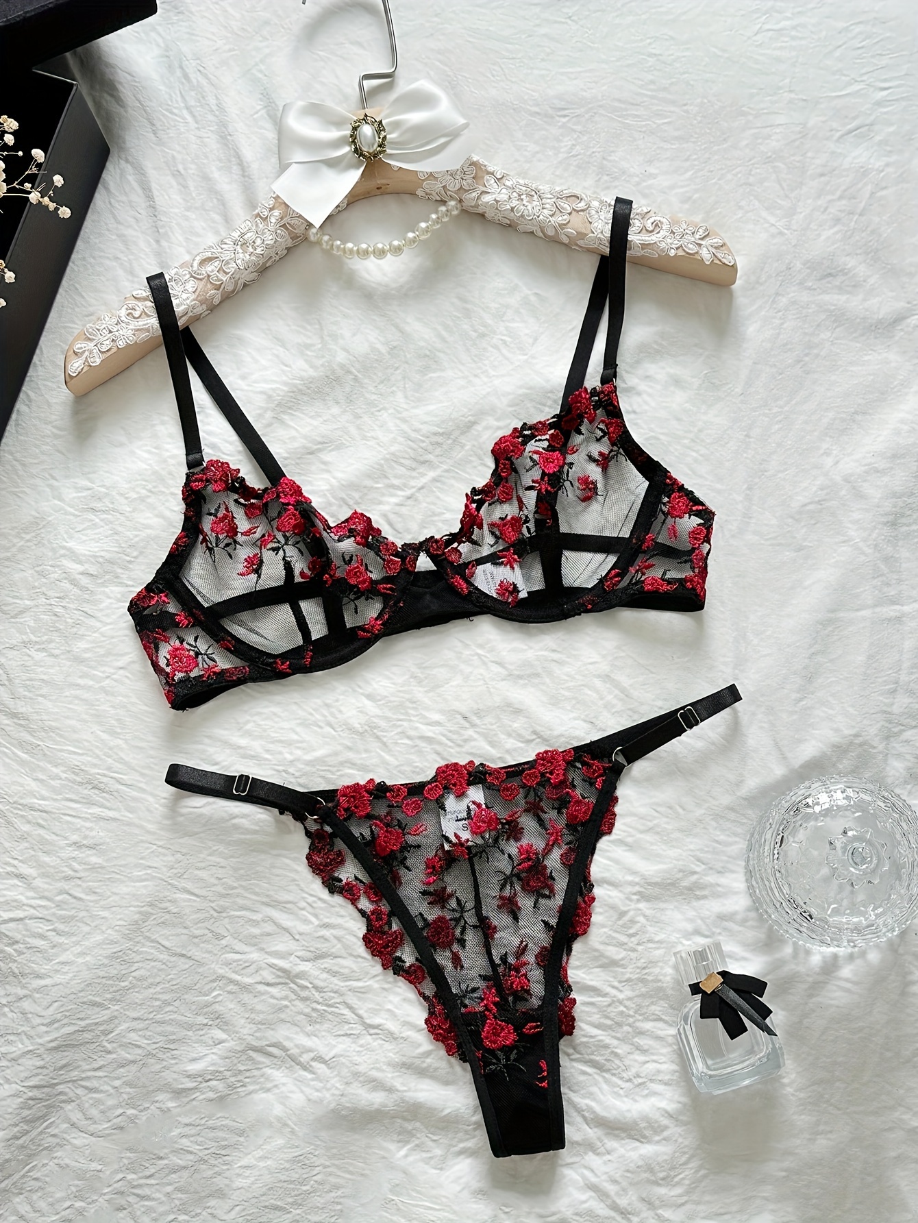 Heart Embroidery Lingerie Set Mesh Unlined Bra Strappy Thong