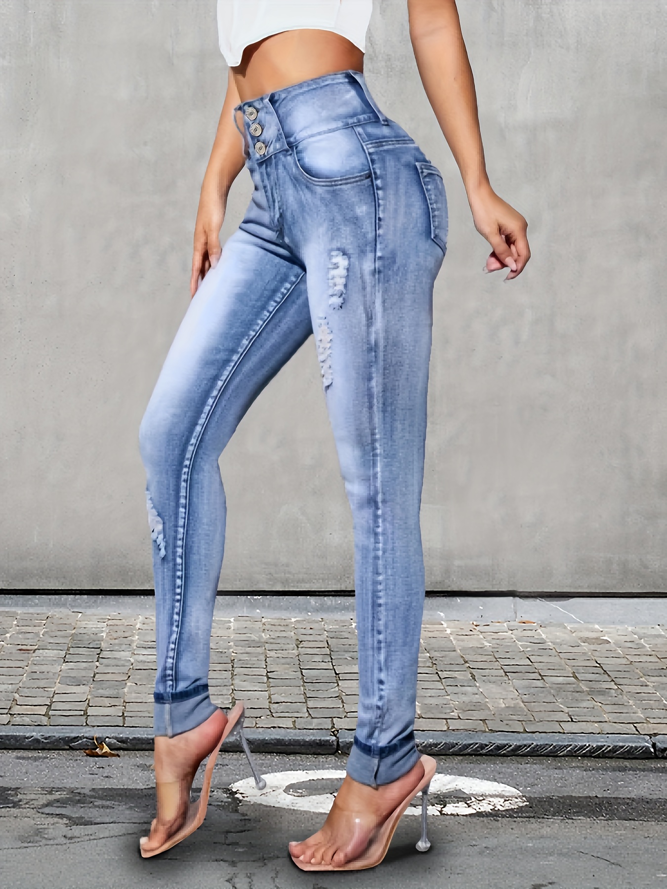 High Waist Elastic Waistband Skinny Jeans Slash Pocket High - Temu