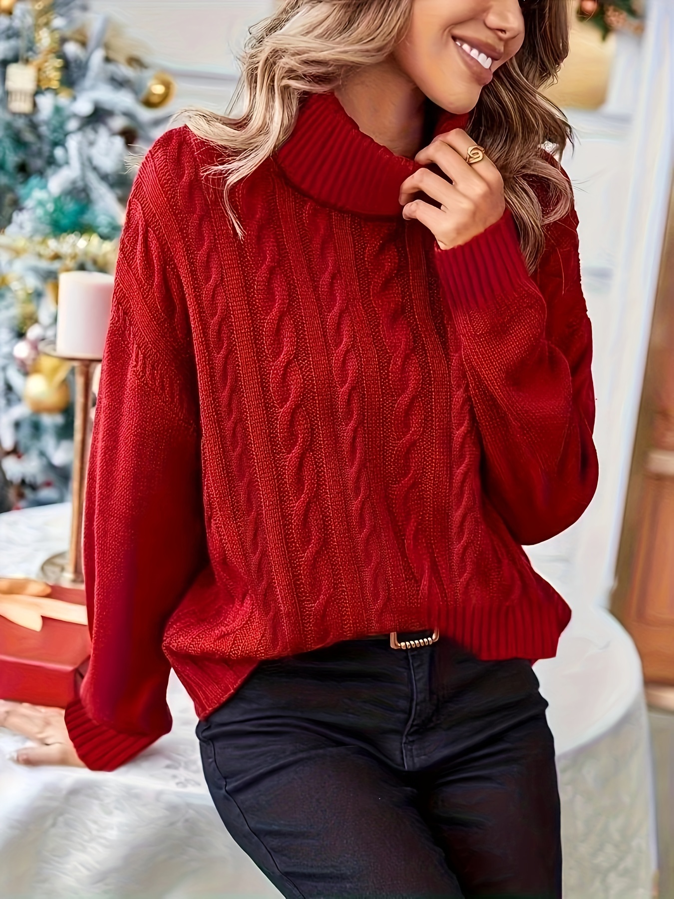 Solid Turtle Neck Cable Knit Sweater Casual Long Sleeve Fall - Temu