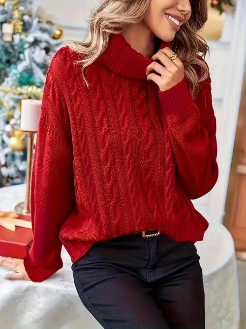 Solid Turtle Neck Cable Knit Sweater Casual Long Sleeve Fall - Temu
