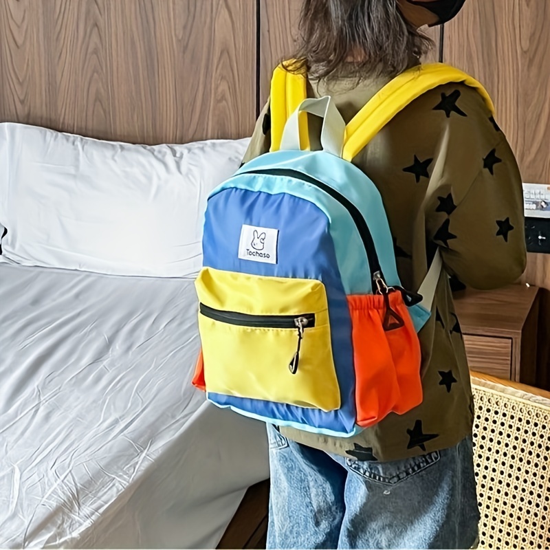 childrens color block backpack canvas backpack zipper large capacity schoolbag