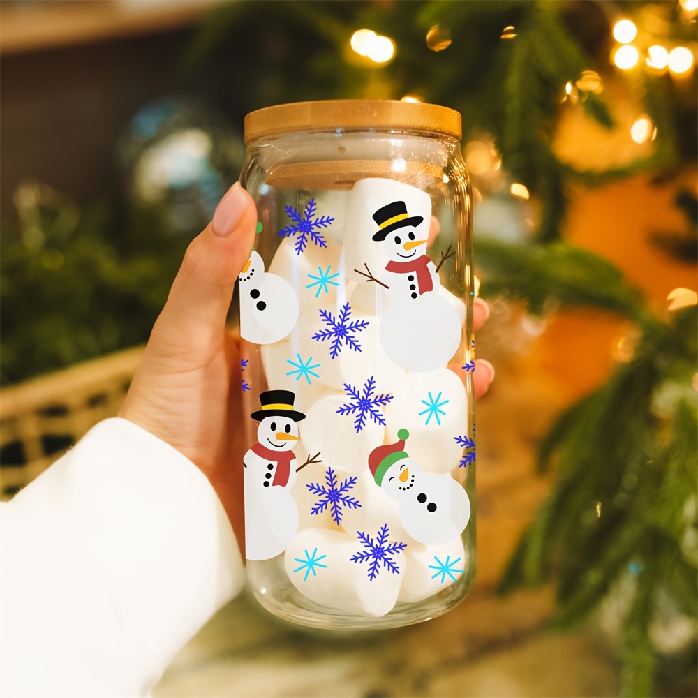 1pc, Christmas Snowman Drinking Glass With Lid And Straw, 500ml/16.9oz Can  Shaped Water Cup, Blue Snowflake Iced Coffee Cup, For Beer, Juice, Milk, Bi