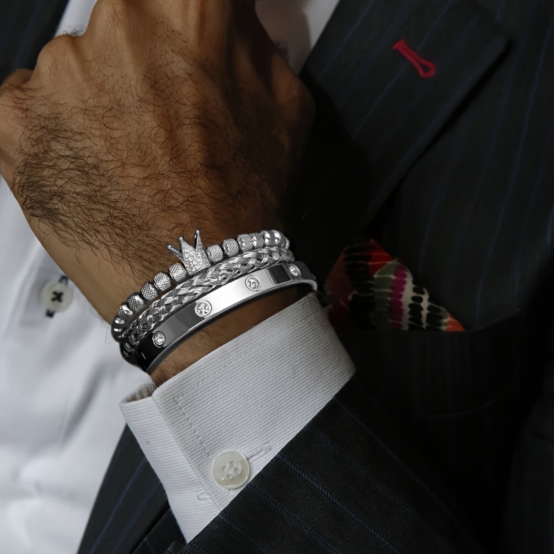 Men's Micro Pave CZ Round Beads Crown Bangle Bracelet