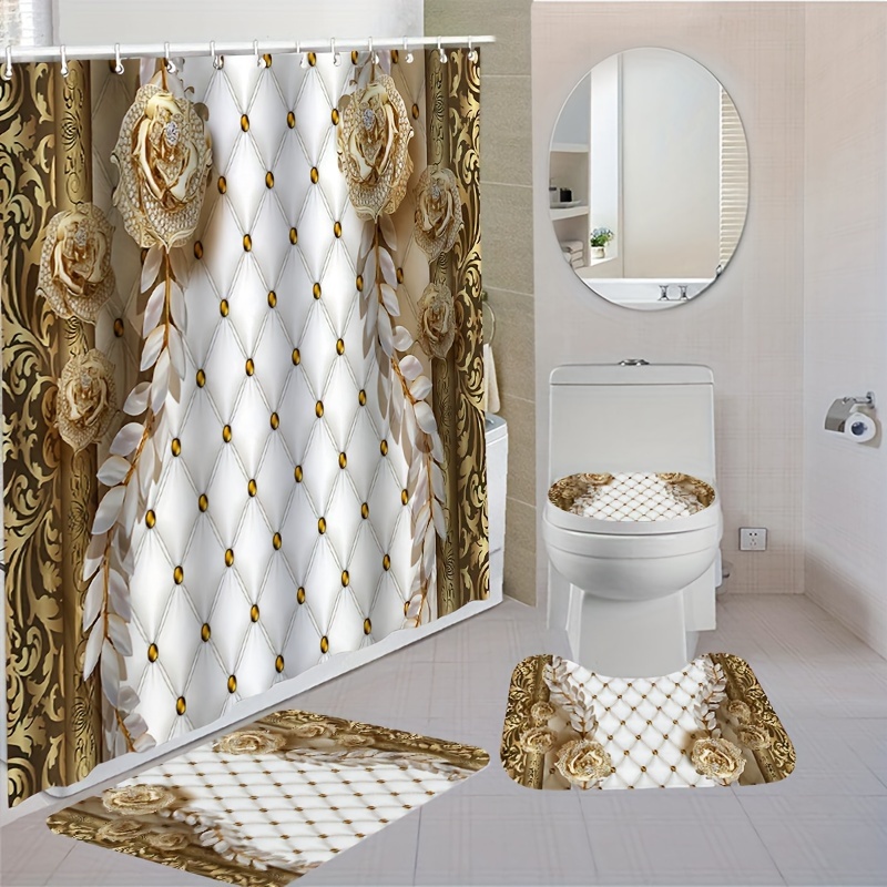Golden Floral Print Shower Curtain Set, Bathroom Rug, U-shape Mat