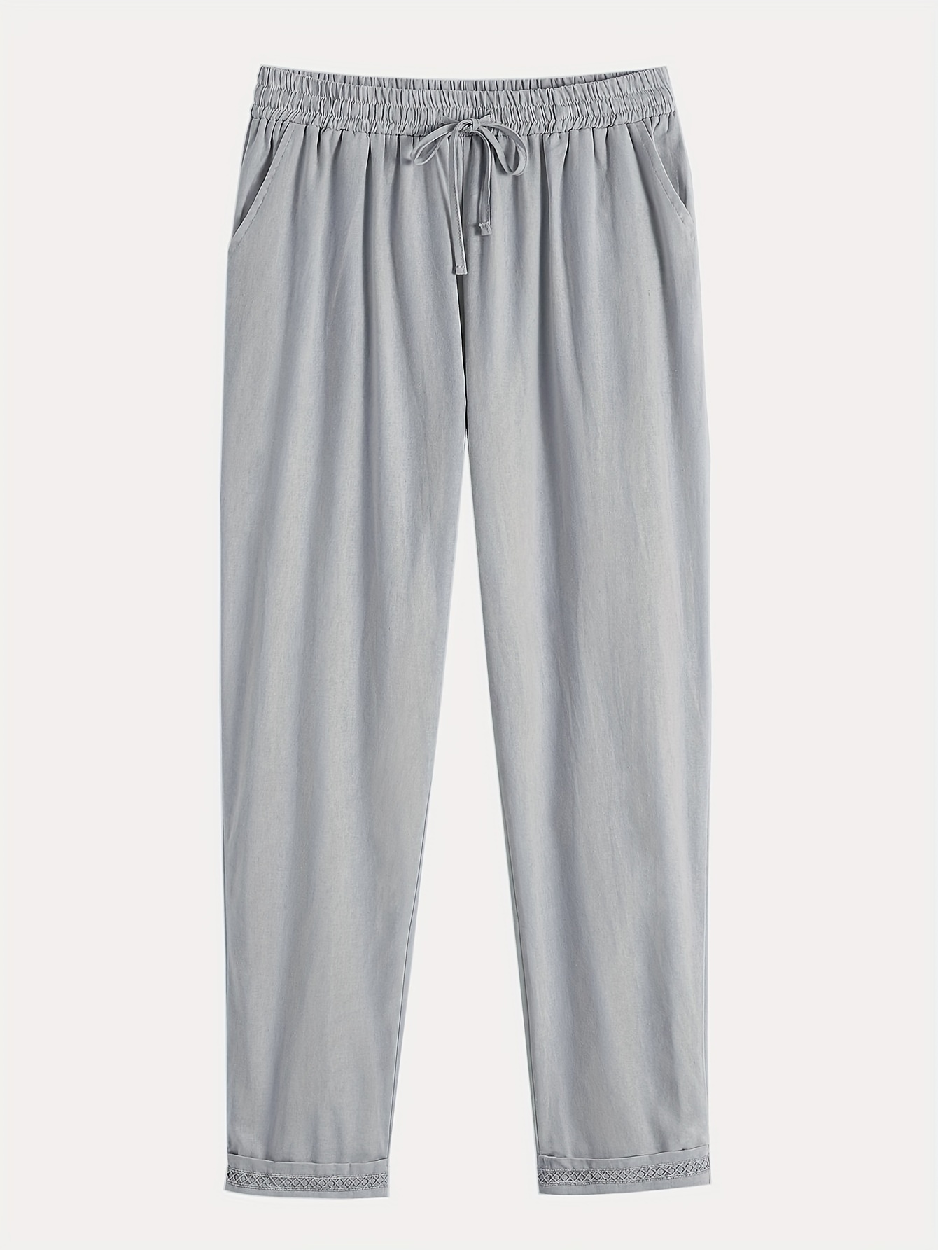 Solid Drawstring Waist Cotton Pants Casual Slant Pocket Slim