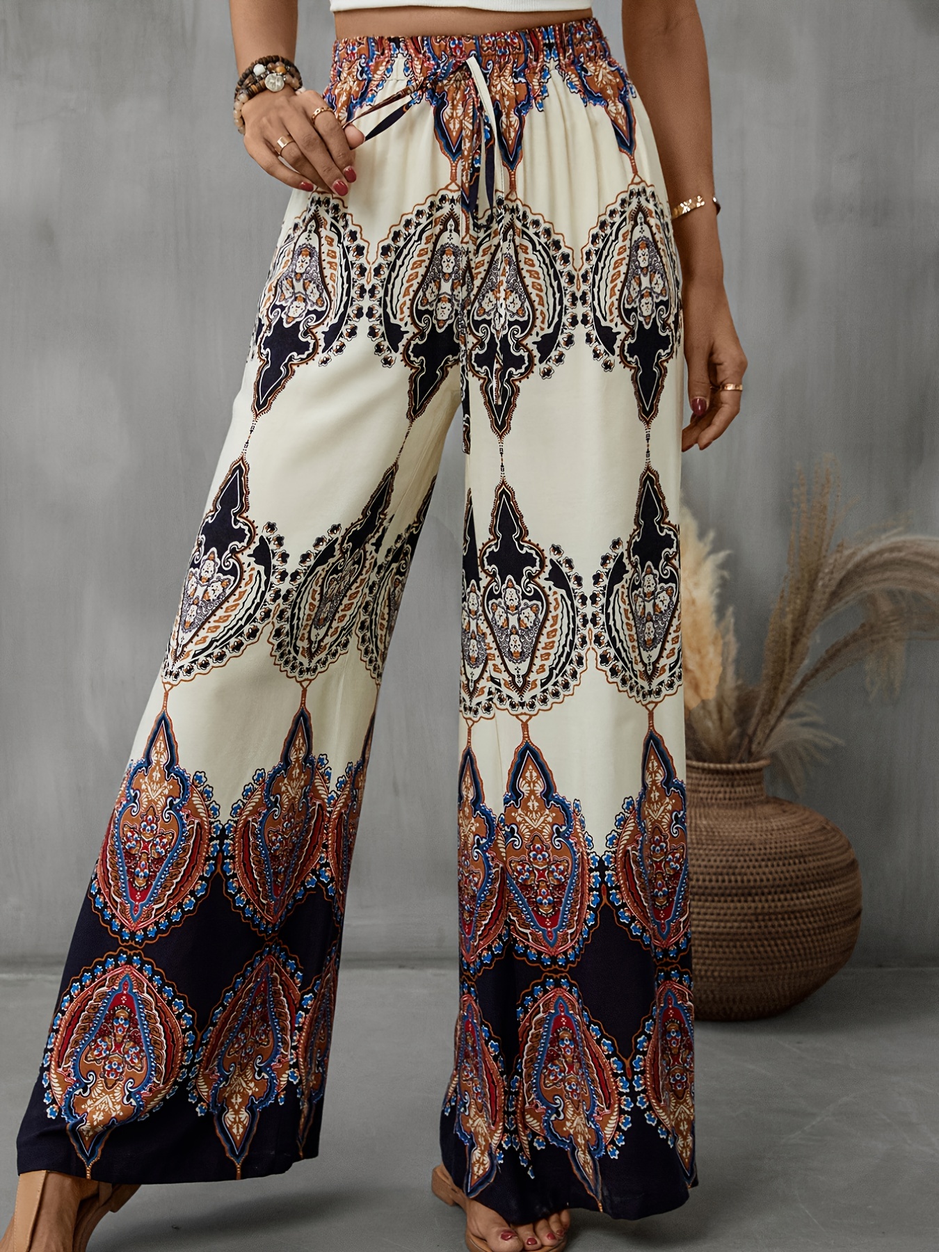 Ethnic Floral Print Pants Boho Drawstring Wide Leg Pants - Temu
