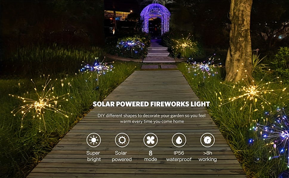 Luci a energia solare - 2 pezzi 150 LED Luci Solari Esterno, Solare Fuochi  d'artificio Decorative Luci con 2 modalità di illuminazione,lampade solari  da giardino per Patio Aiuola Feste(Bianco freddo) : 