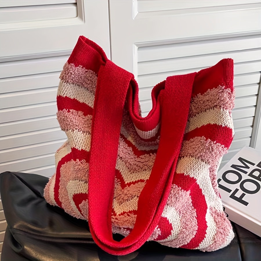 Y2k Love Knitted Tote Bag, Aesthetic Crochet Bag, Heart Woven
