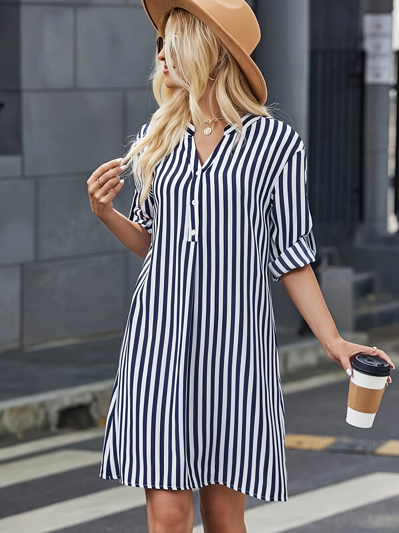 striped print notched neck dress casual long sleeve button front dress for spring fall womens clothing details 1