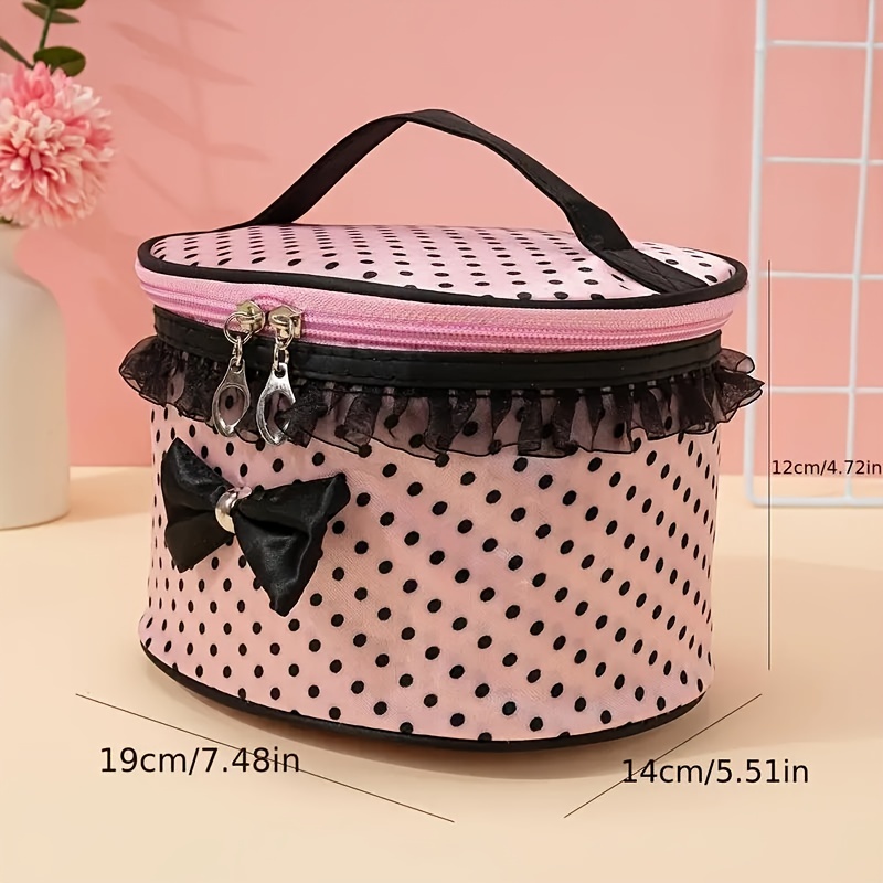 Pink Lace Girl High Quality Cosmetic Bag with Zipper Durable Travel  Makeup Organizer, Black Lace Trim Bow Detail, Polka Portable Multi