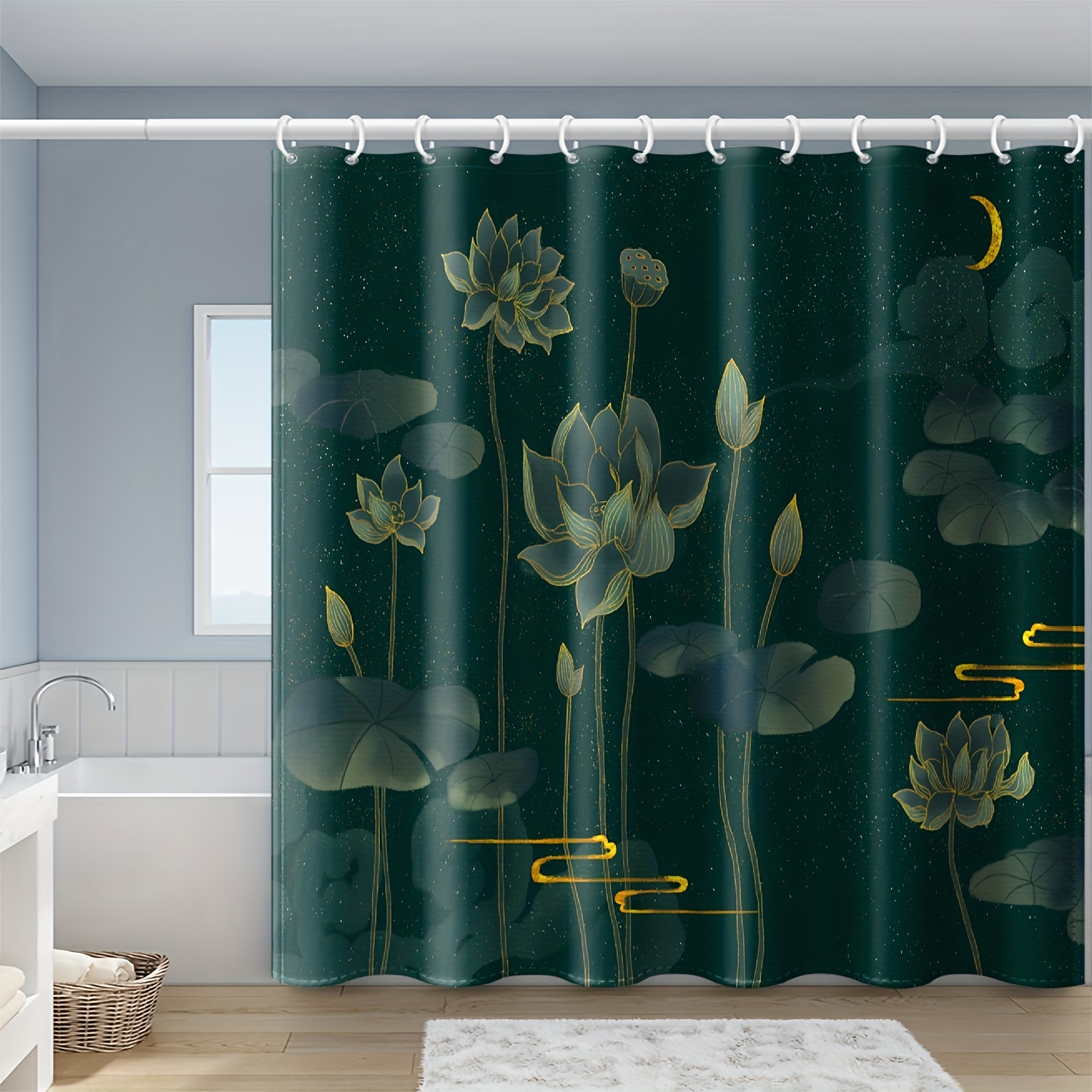 Lotus Shower Curtain Green Waterproof Shower Curtain Hooks - Temu