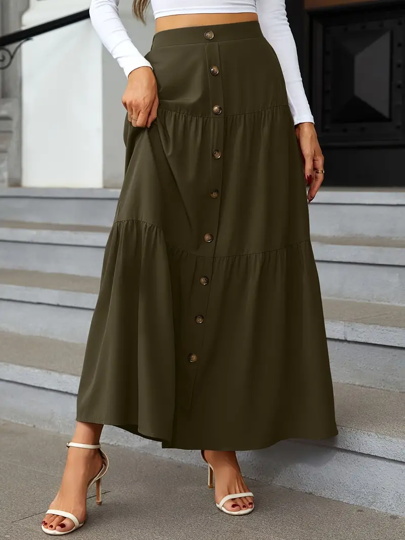 high waist tiered skirts casual solid button front maxi skirts womens clothing details 16