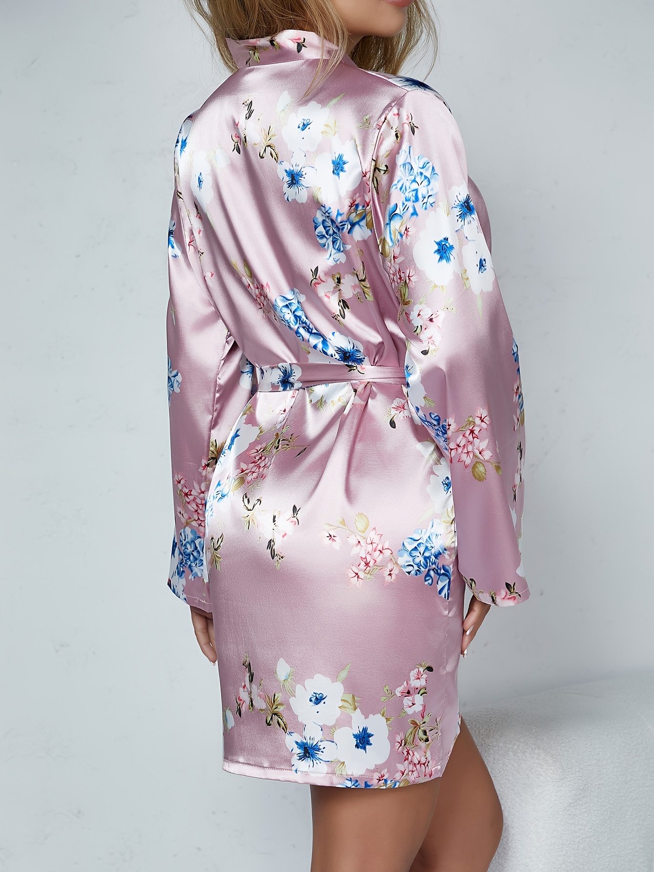 Floral Satin Night Robe Long Sleeve V Neck With Belt
