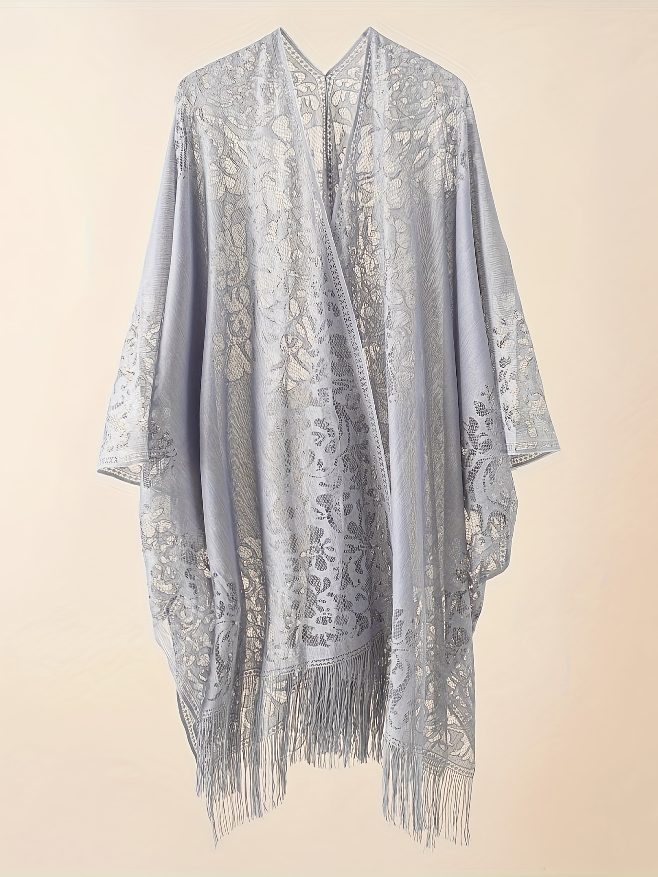 Lace Batwing Sleeve Beach Cover Up with Tassel Trim
