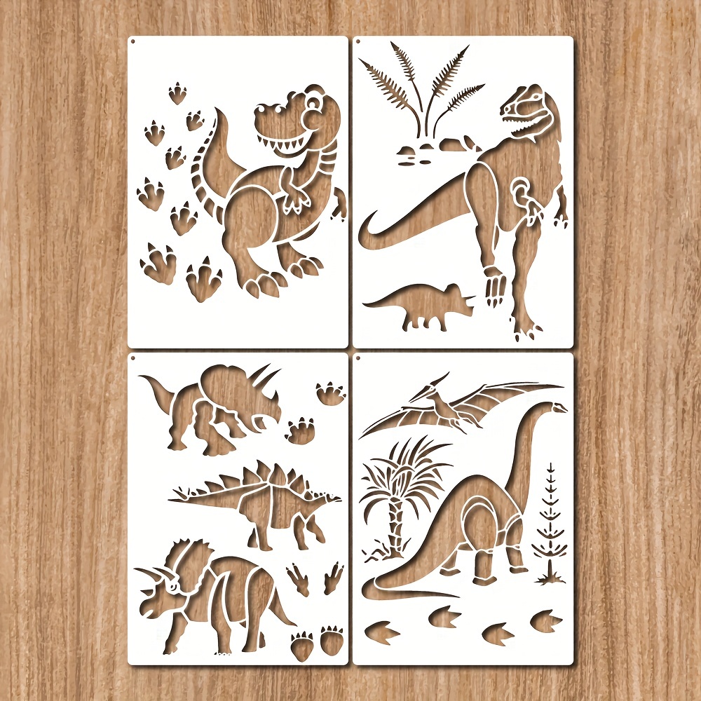

4pcs Dinosaur Stencils A4 Size With Metal Open Ring, Reusable Dinosaur Stencil Different Style Dinosaur Stencils Template For Wood Carving, Drawings And Woodburning, Engraving And Scrapbooking Project
