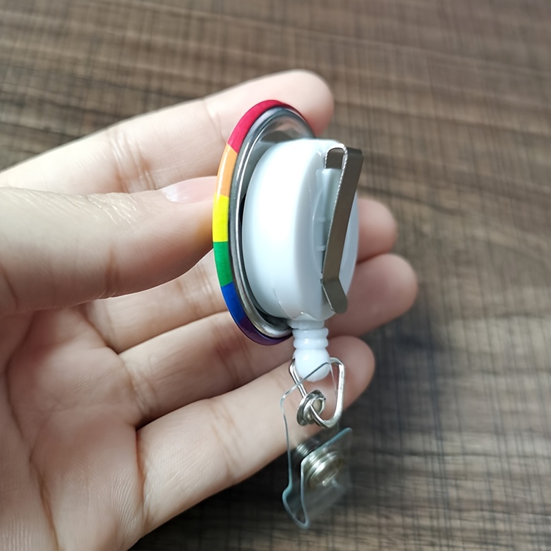 1pc Rainbow Pattern Durable Metal Retractable Badge Reel With Belt