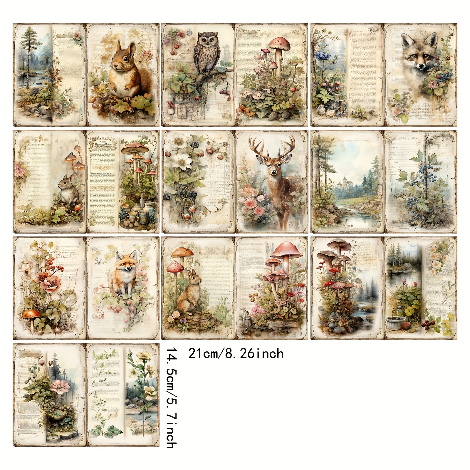 Image of 10pcs A5 Size Animal Squirrel Elk Forest Flowers And Plants Decoration Diy Tools Student Stationery Retro Diary Garbage Diary Pages Diary Supplies Greeting Card Planner Background Card Mat