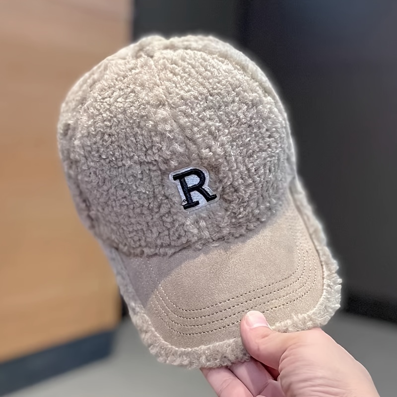 Letter R Embroidery Baseball Solid Color Thickened Warm - Temu