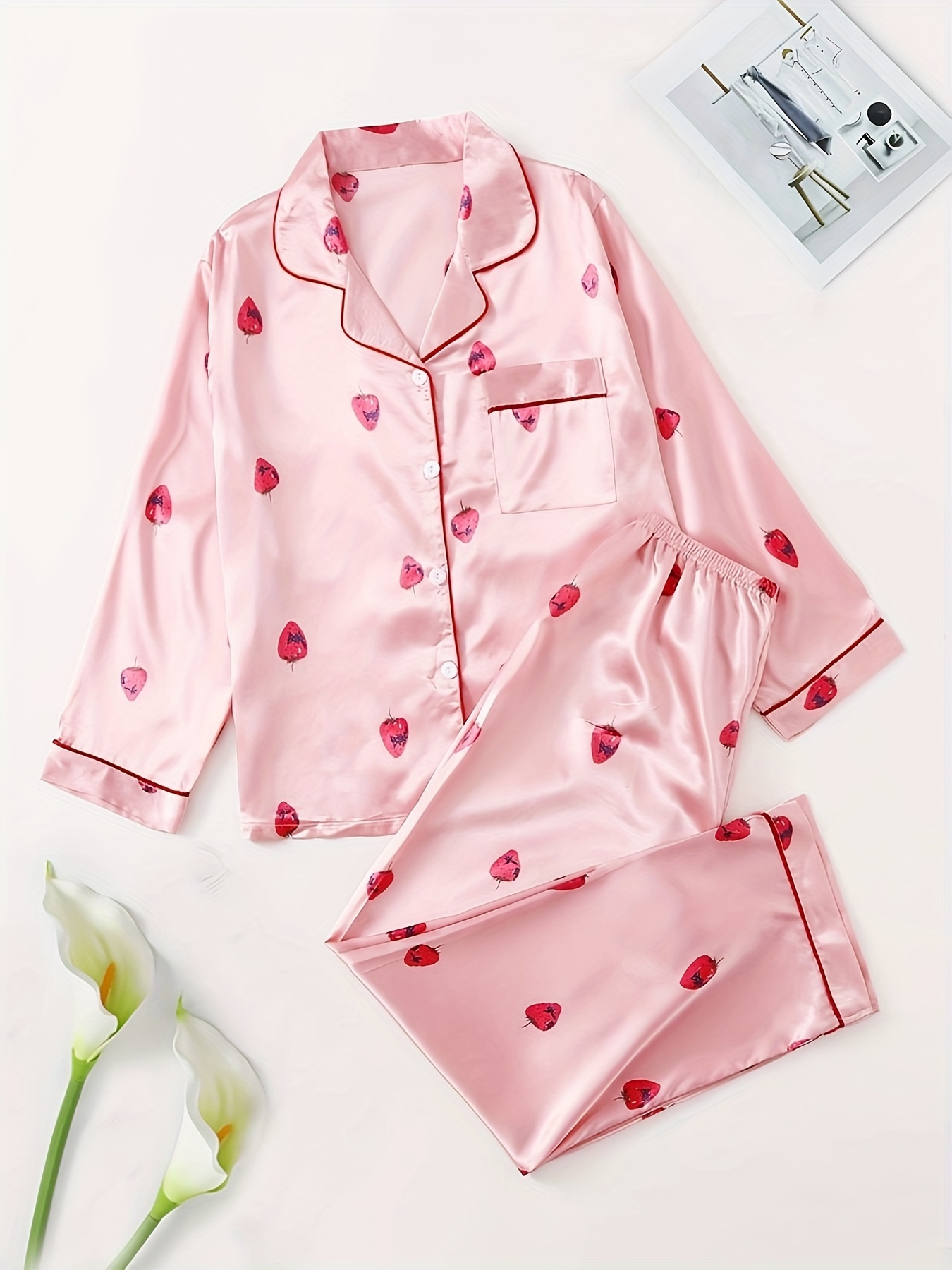 Strawberry Print 7pcs Pajamas Sets Women Sleepwear Silk Satin Pajamas  Pyjamas Set Long Sleeve Winter And Summer Full Pajamas Set - Pajama Sets -  AliExpress