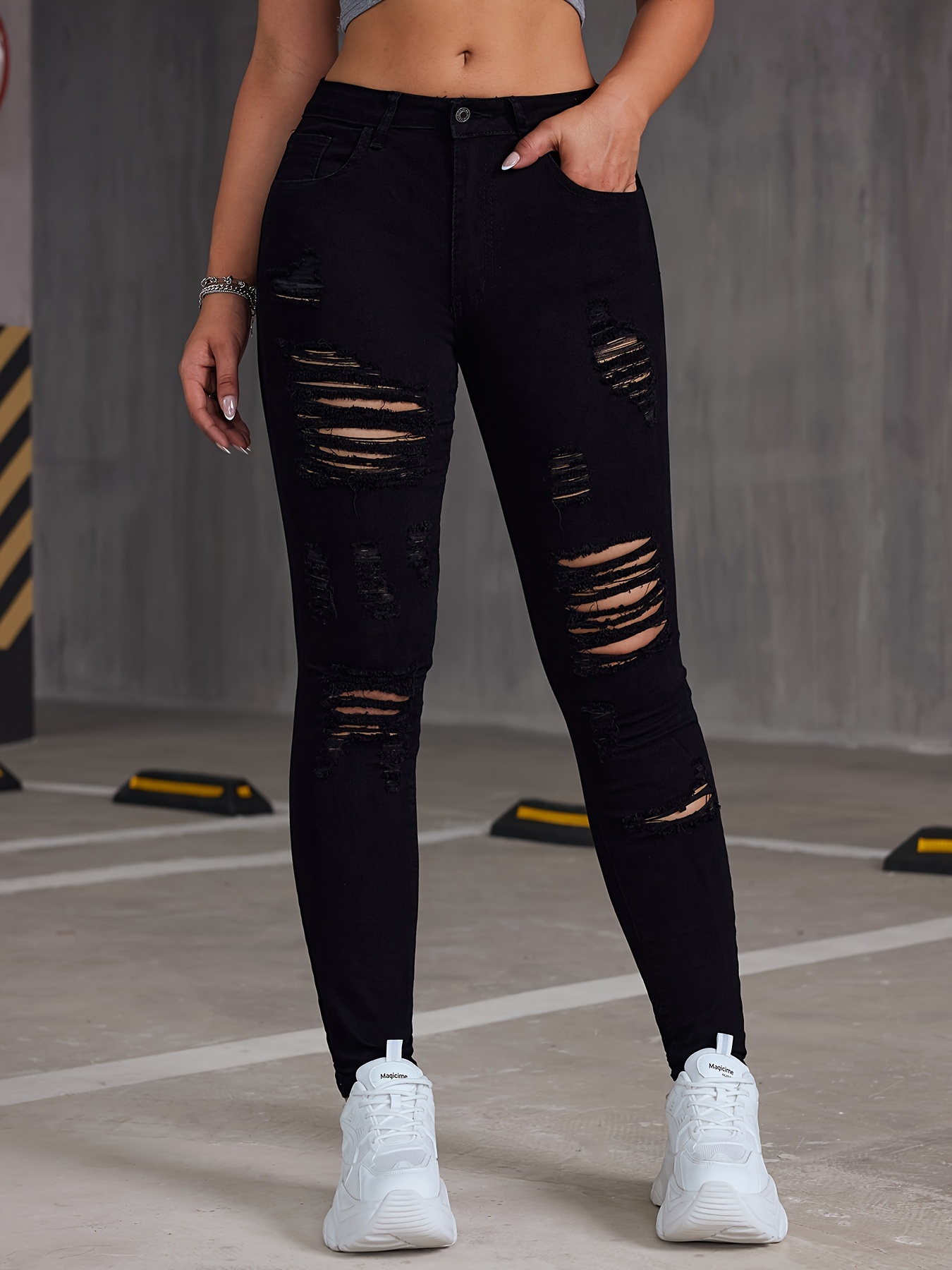 High Rise Distressed High Stretchy Skinny Jeans, High Waist Black Ripped  Denim Pants, Women's Denim Jeans & Clothing