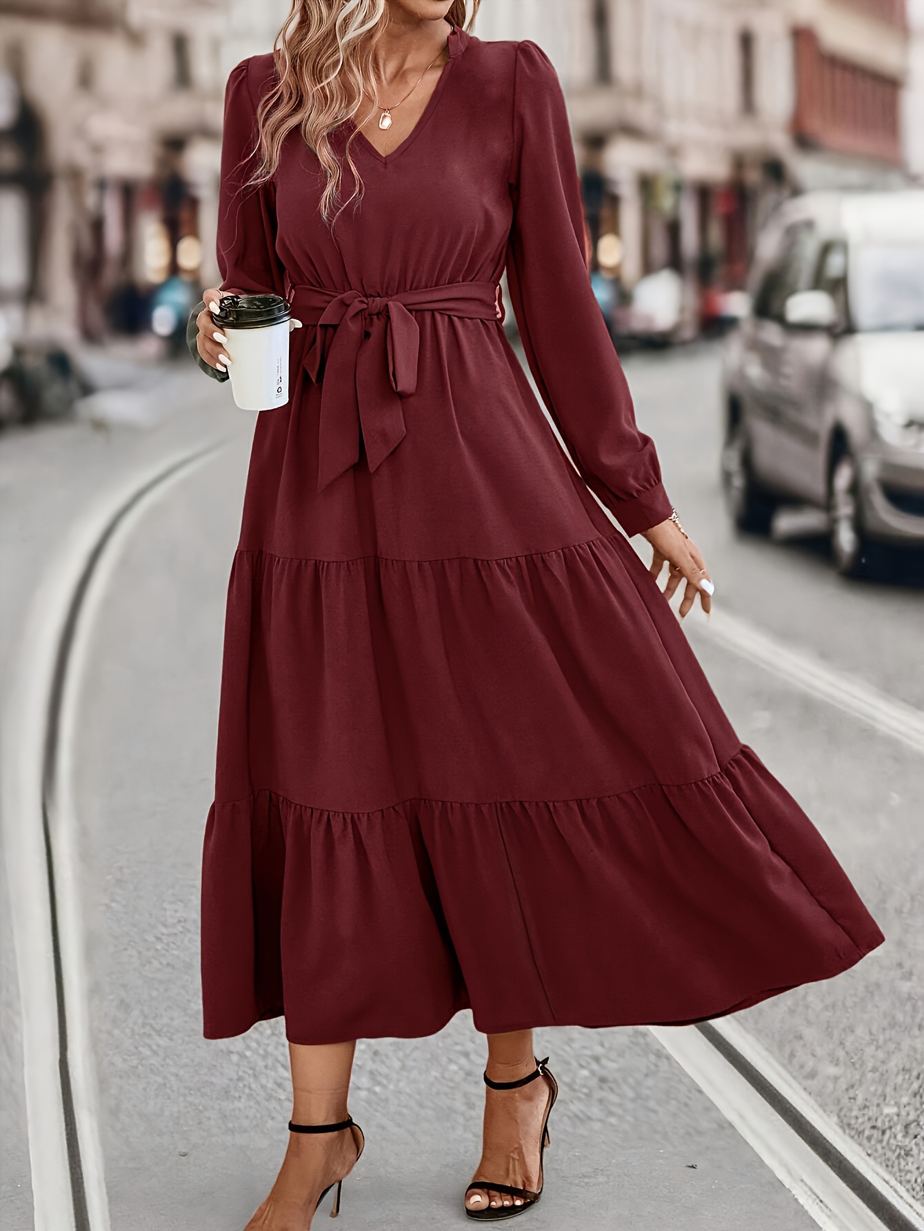 Tiered Maxi Dress Casual V Neck Long Sleeve Solid Dress Temu