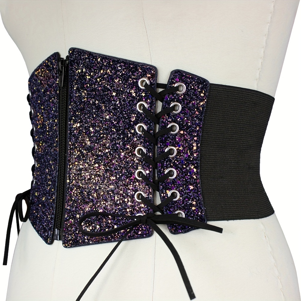 Black Glitter Shiny Wide Belt Zipper Classic Elastic Lace - Temu