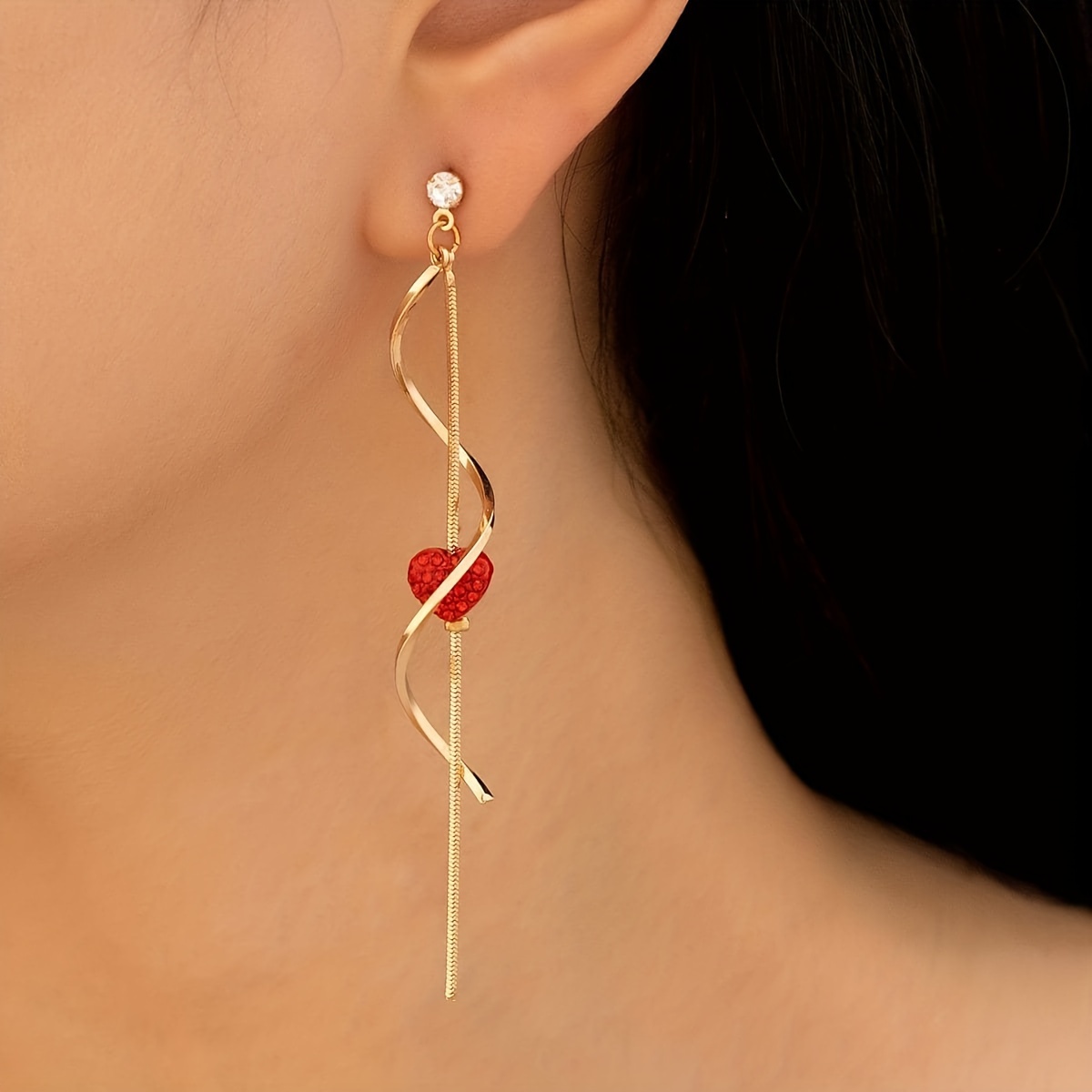 Heart Spiral Dangle Earrings with Rhinestone Accents
