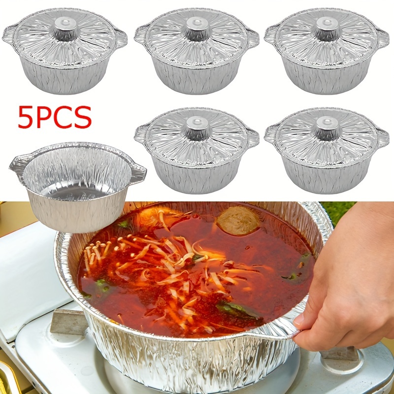 Aluminum Pot with Lid Complete Set,5Pcs Aluminum Round Foil Pan,Disposable Food Container with Lid,Roasting Storing Cooking Oven Grill Foil Pans