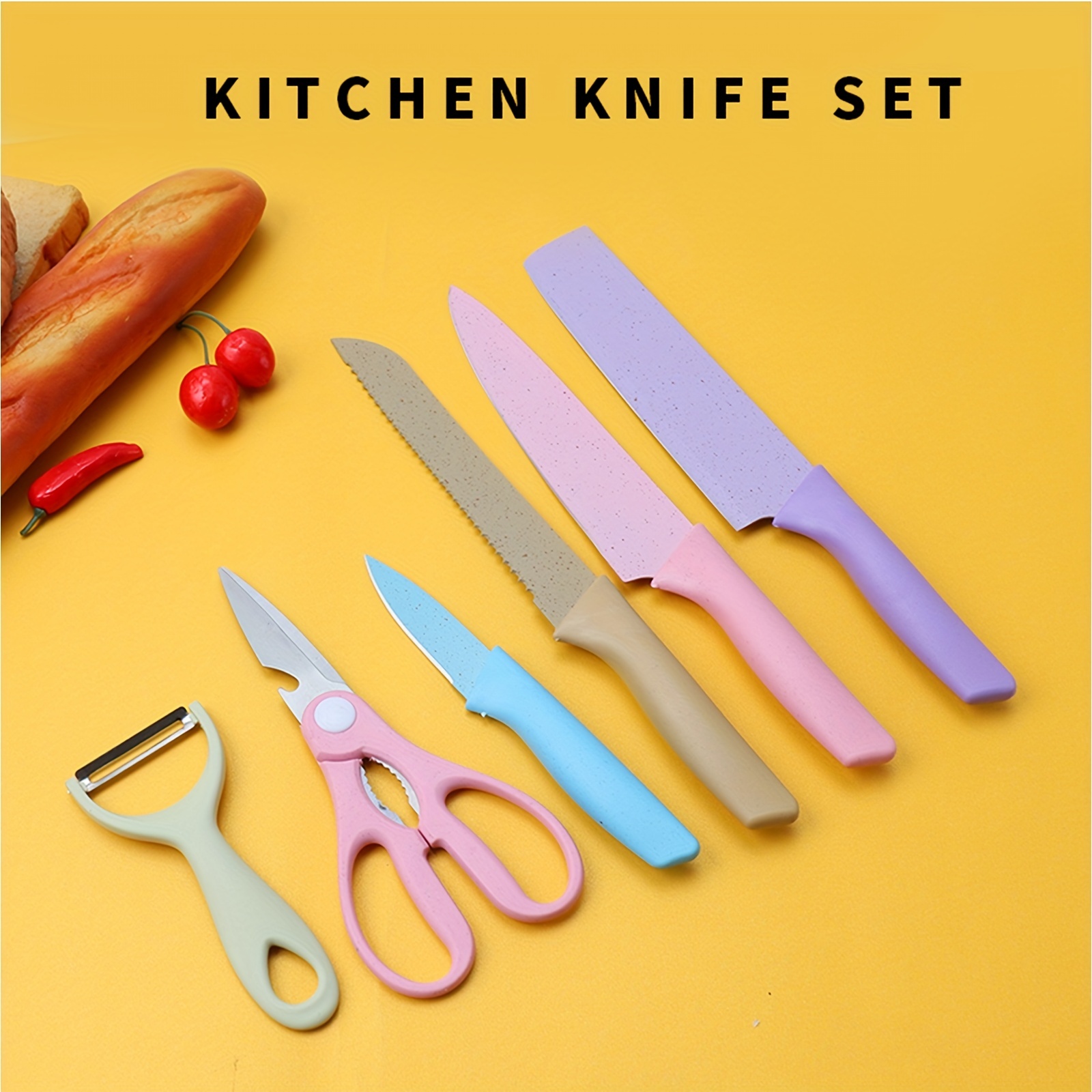 Juego de 6 cuchillos de cocina coloridos con revestimiento antiadherente,  juego de cuchillos de chef en caja para cocinar, acampar, viajes, picnic