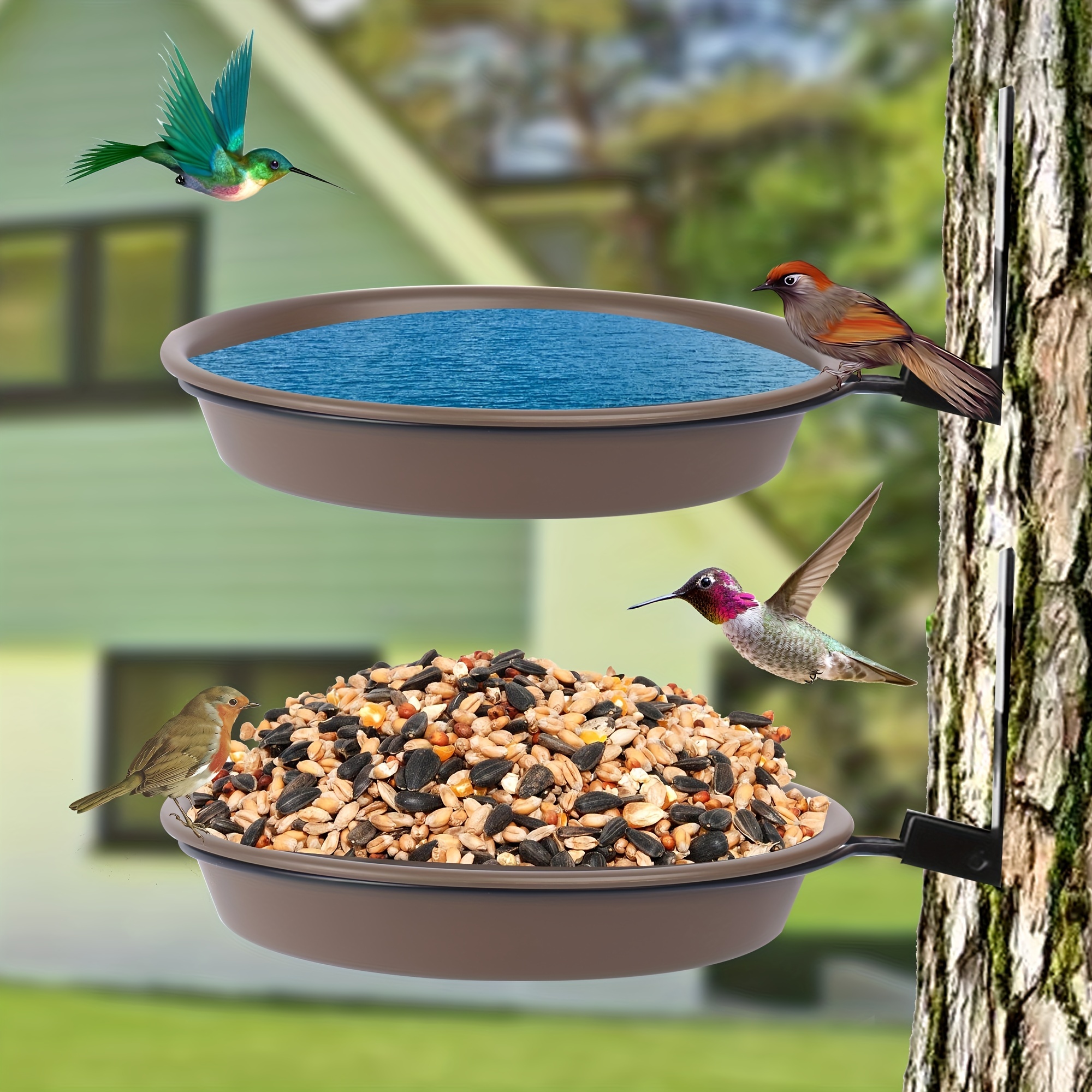 Hanging Bird Bath Bowl Double Layers Outdoor Large Bird House Garden Decor