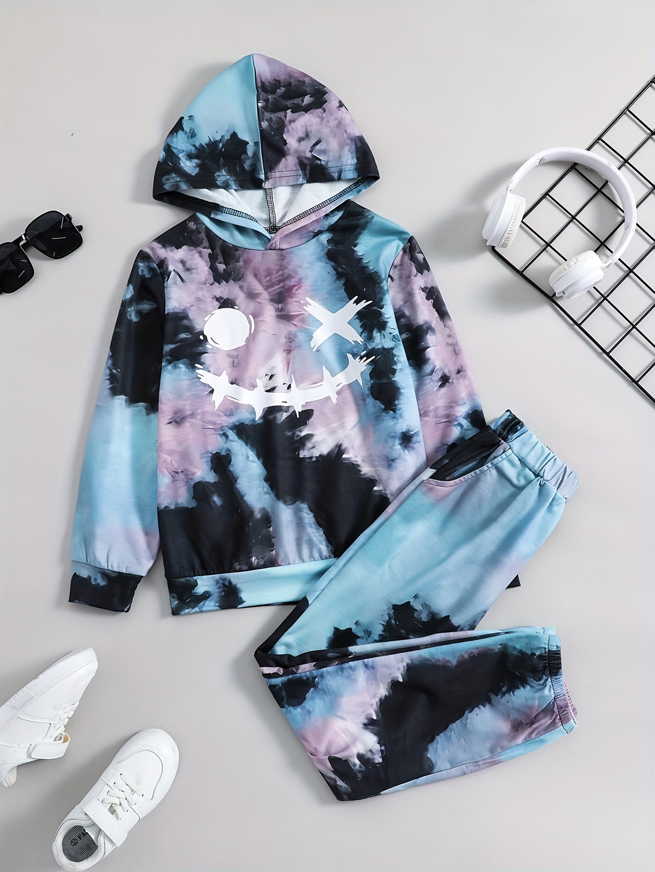 Boy s Tie dye Outfit Happy Face Pattern Hoodie Pants Set Temu