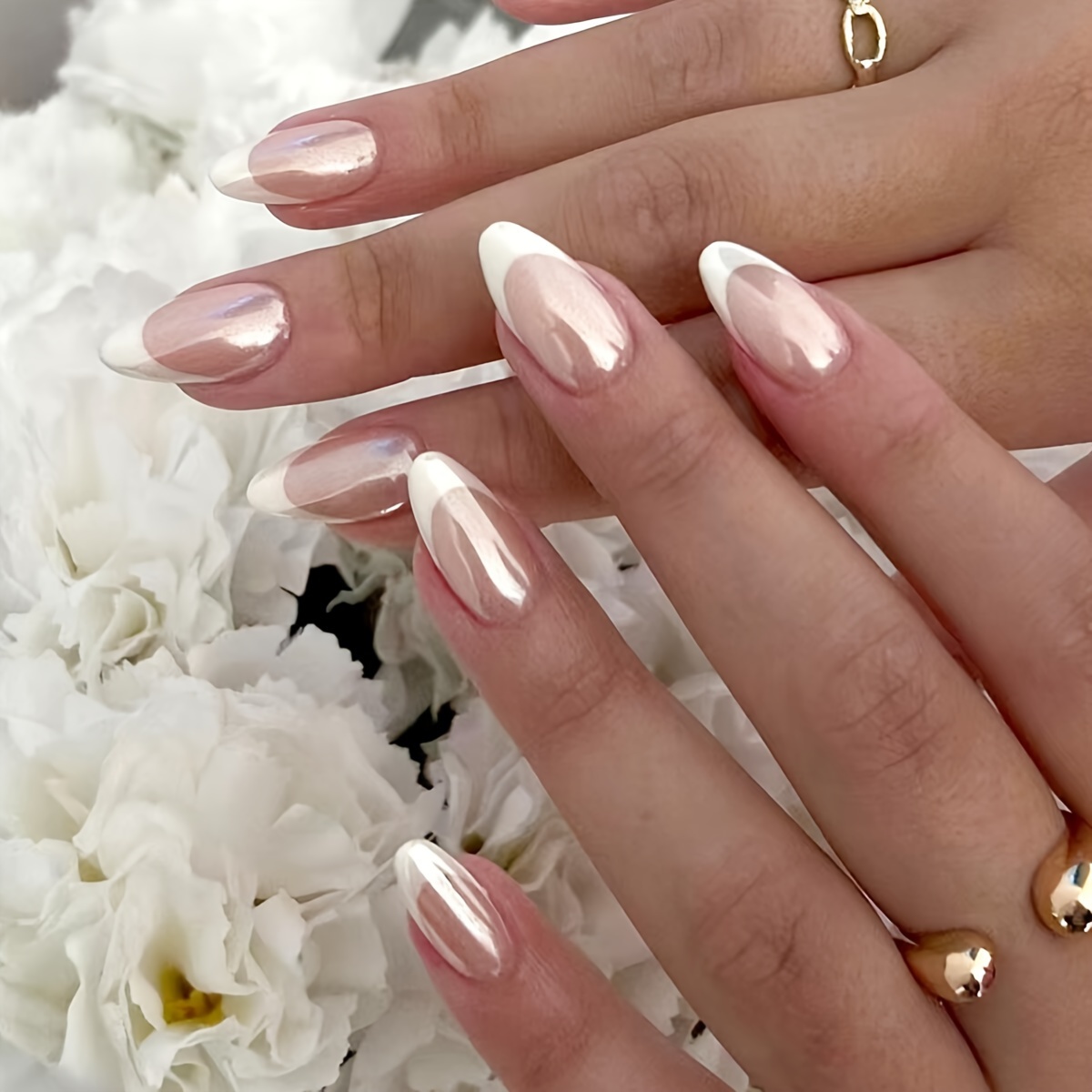 24pcs glossy pinkish almond fake nails medium long white french tip press on nails sweet cool false nails for women girls daily wear details 0