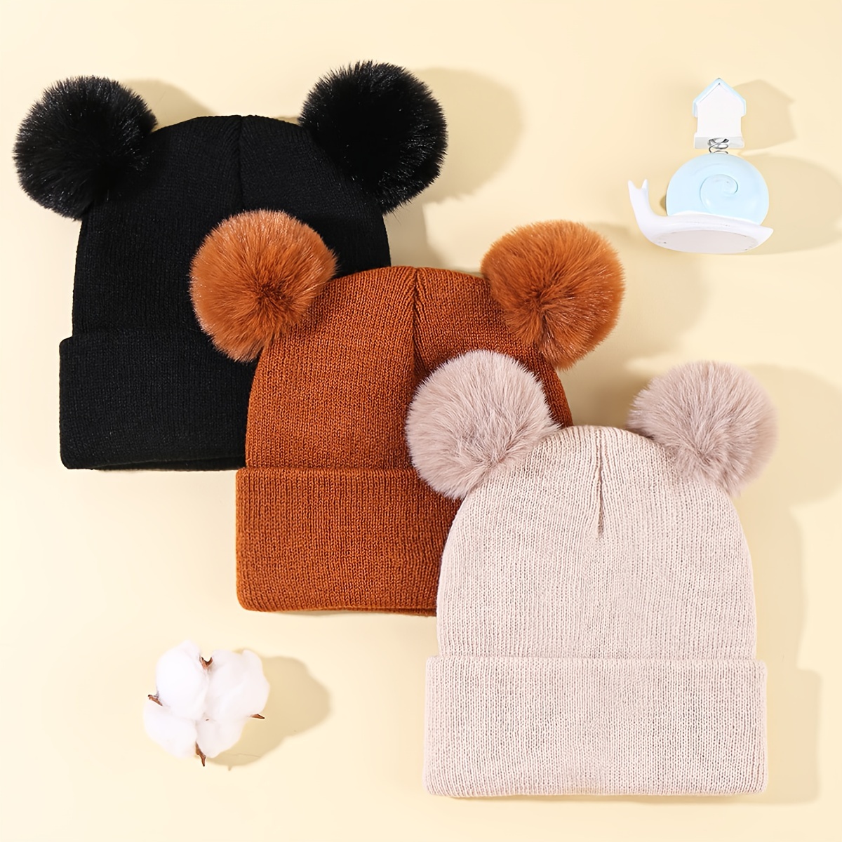

1pc Solid Color Baby Double Ball Knitted Hat Minimalist Style For Winter