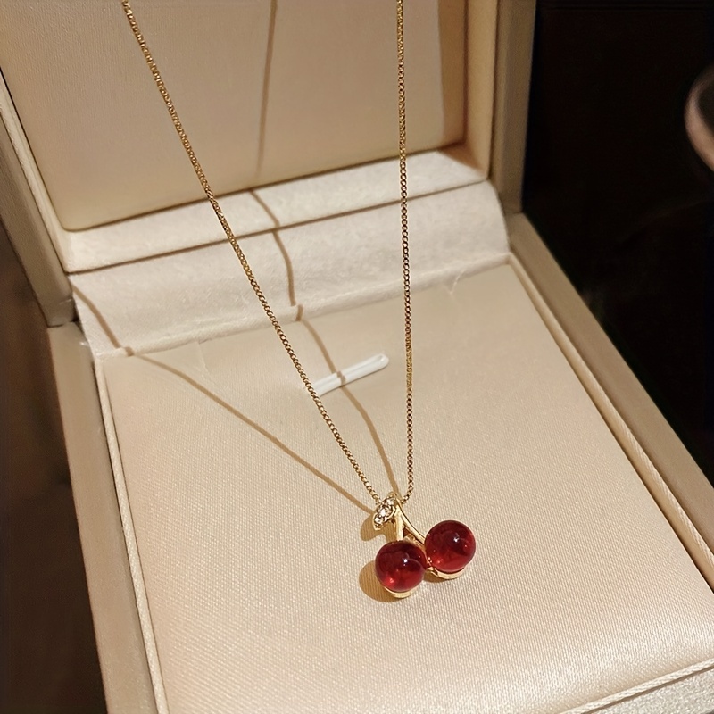 Golden Red Cherries Pendant Necklace, Zirconia Choker