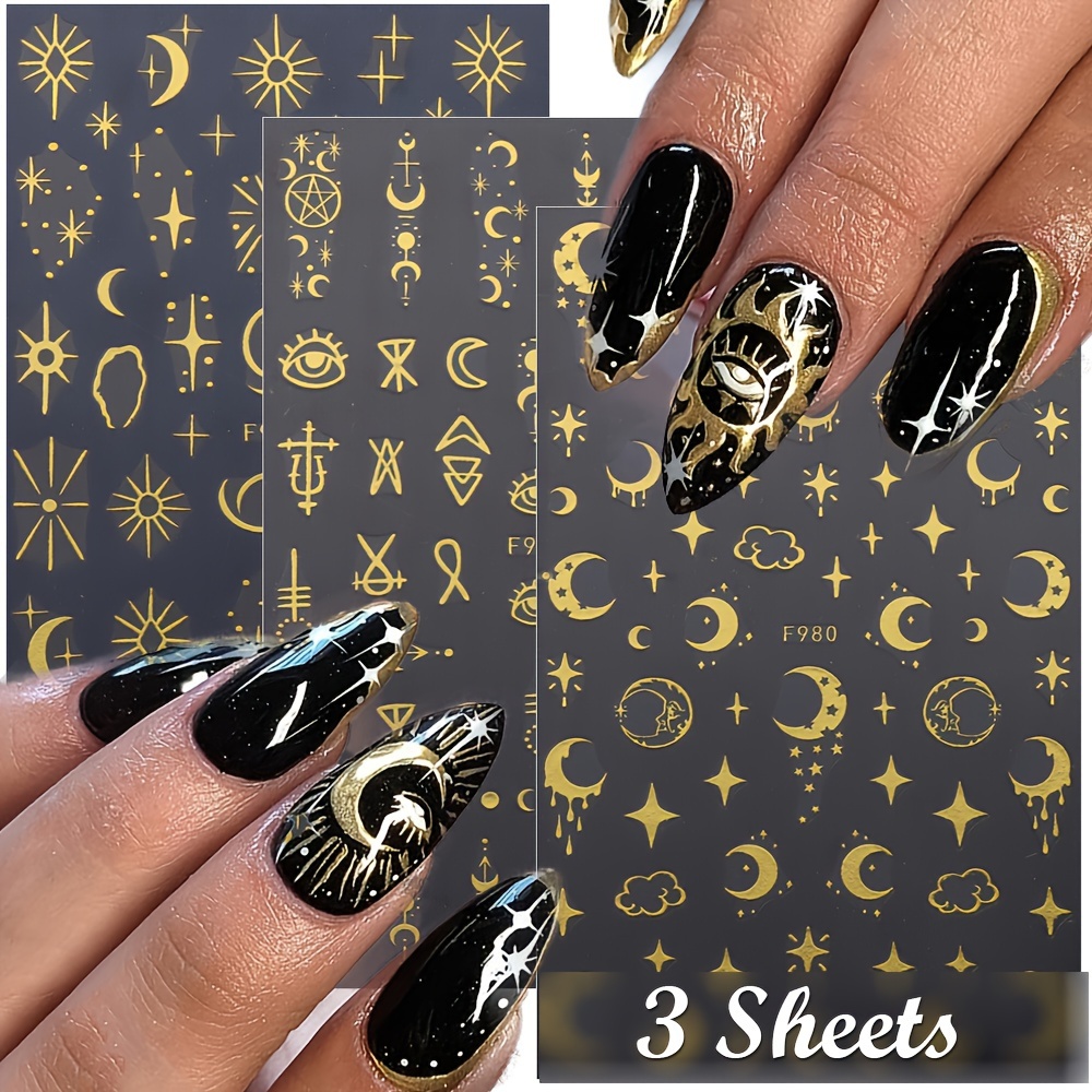 8 Blatt Golden Bronzing Nail Art Sticker Aufkleber, Sonne Mond Sterne  Design Nail Art Aufkleber, 3D Nageldekoration Für Acrylnägel