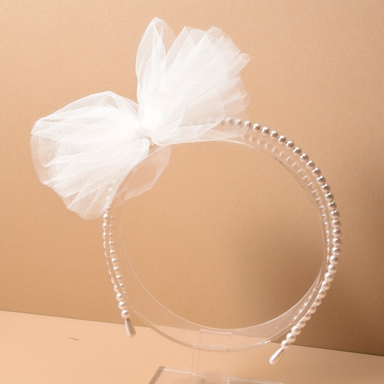 Children's Imitation Pearl Ribbon Headband, Hair Band, Cute Elegant Princess Style Mesh Hair Hoop, Girls Bow Headdress Birthday Party Decors,Temu