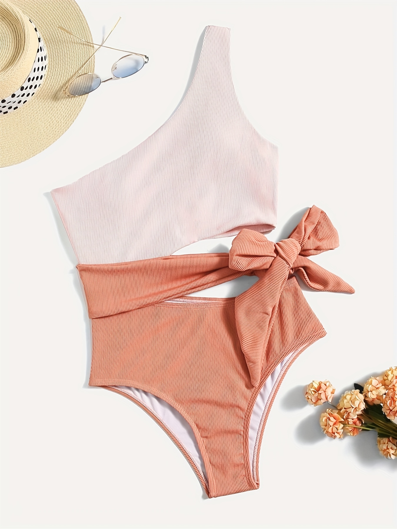 Contrast Color Cut Out Waist One Shoulder Strap High Waist * Swimsuit,  Women's Swimwear