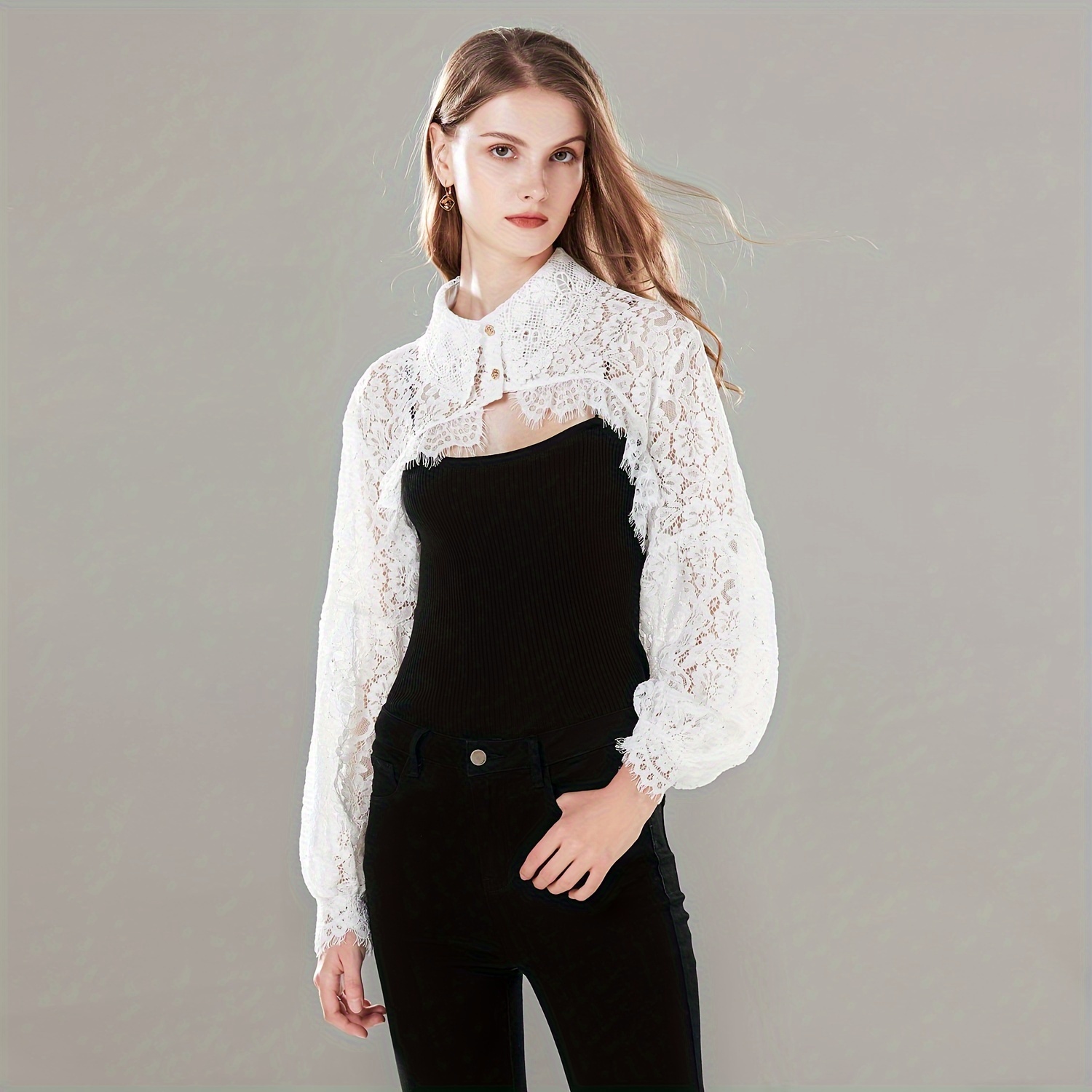 Contrast Lace Solid T-shirt, Elegant Plunge Neck Long Sleeve T-shirt,  Women's Clothing