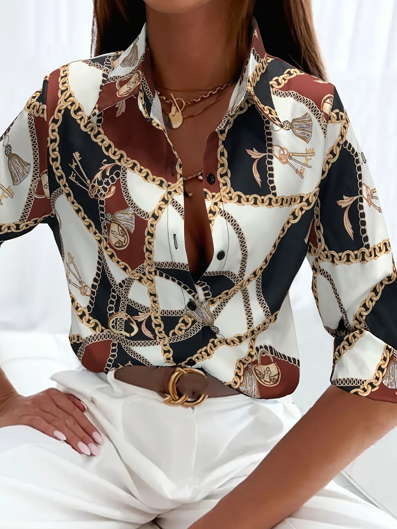 Chain Print Collared Relaxed Shirt