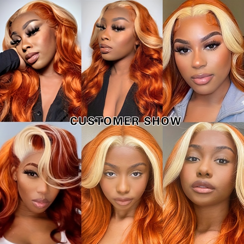 Body Wave Skunk Stripe Orange Highlight With Black Ombre Color Lace Front  Wig