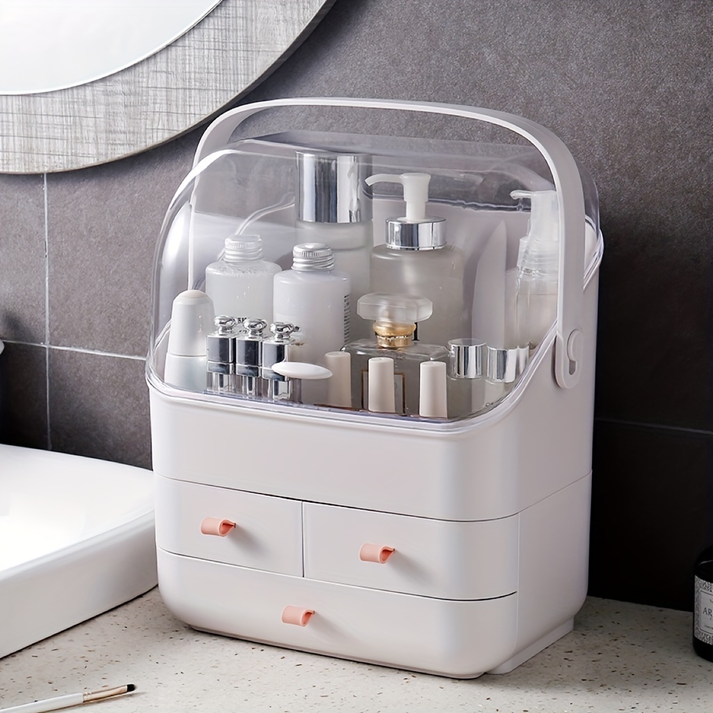 Imerelez Makeup Organizer, Waterproof and Dustproof Cosmetics Storage  Display Case with Lipstick and Makeup Brush Organizer, Portable Handle  Skincare Holder for Bathroom Countertop, Desk, Dresser 