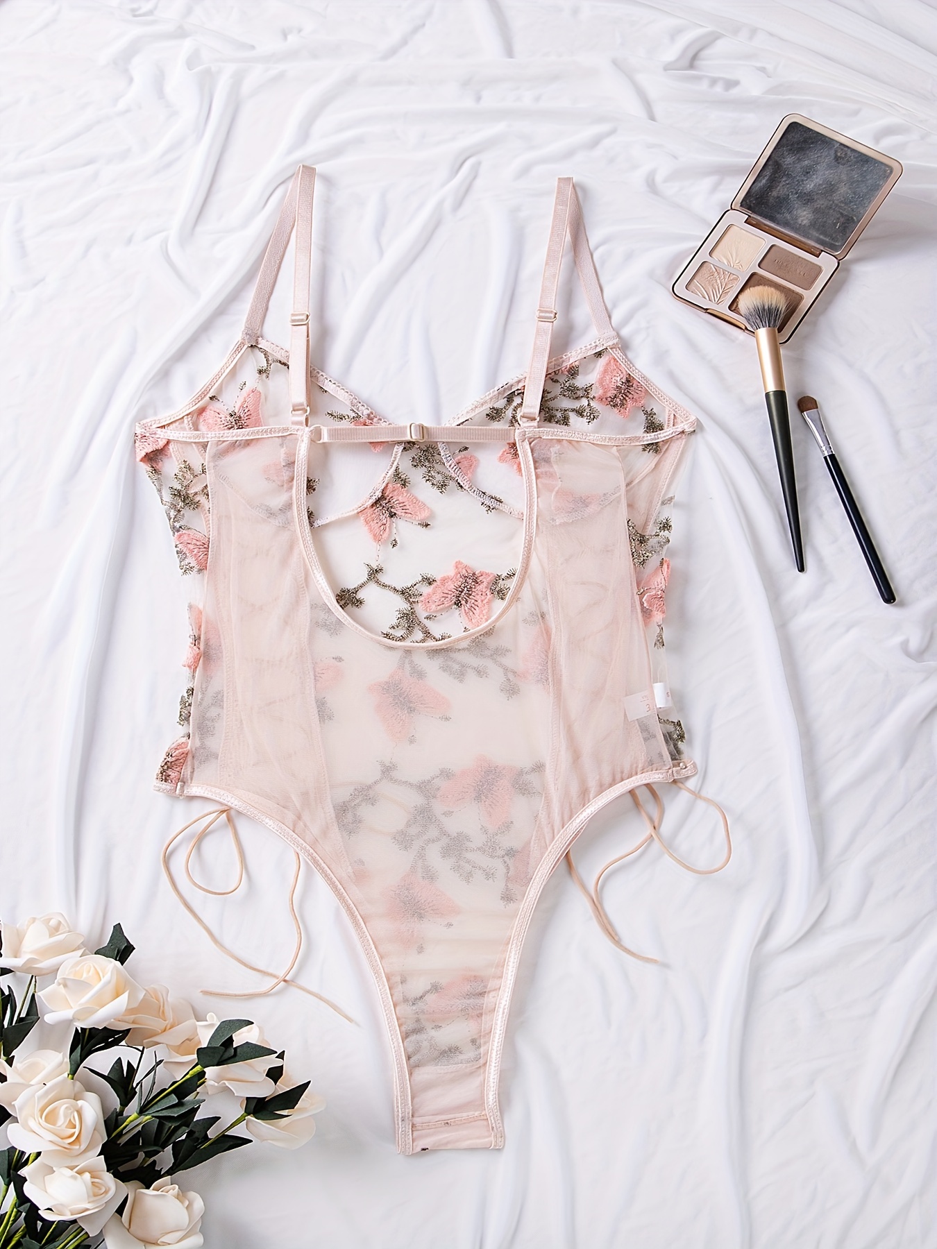 Strappy Butterfly Embroidered Sheer Mesh Lingerie Teddy Sleepwear