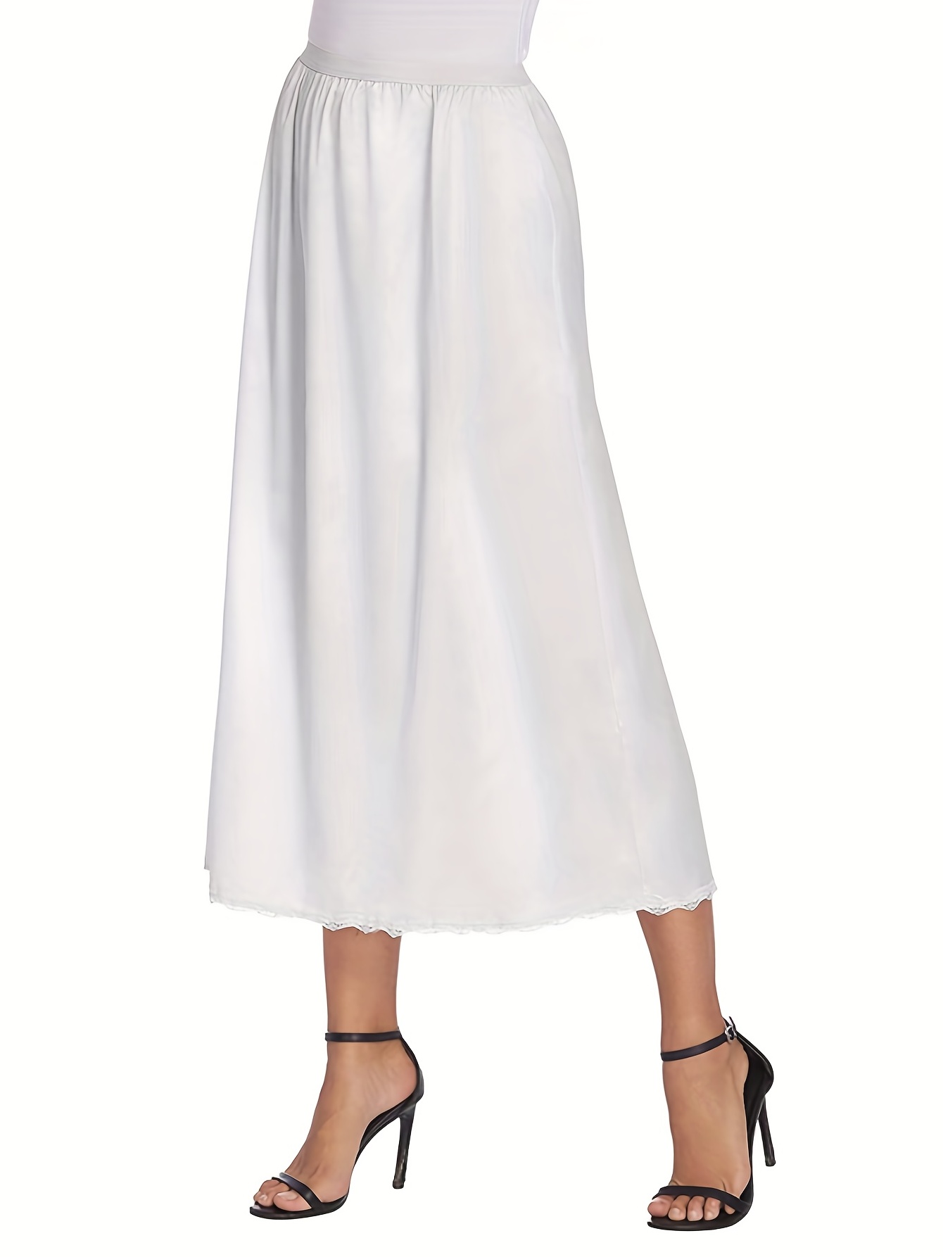 Foral Lace Trim Solid Skirt, Side Split Stretch Half Slips Petticoat ...