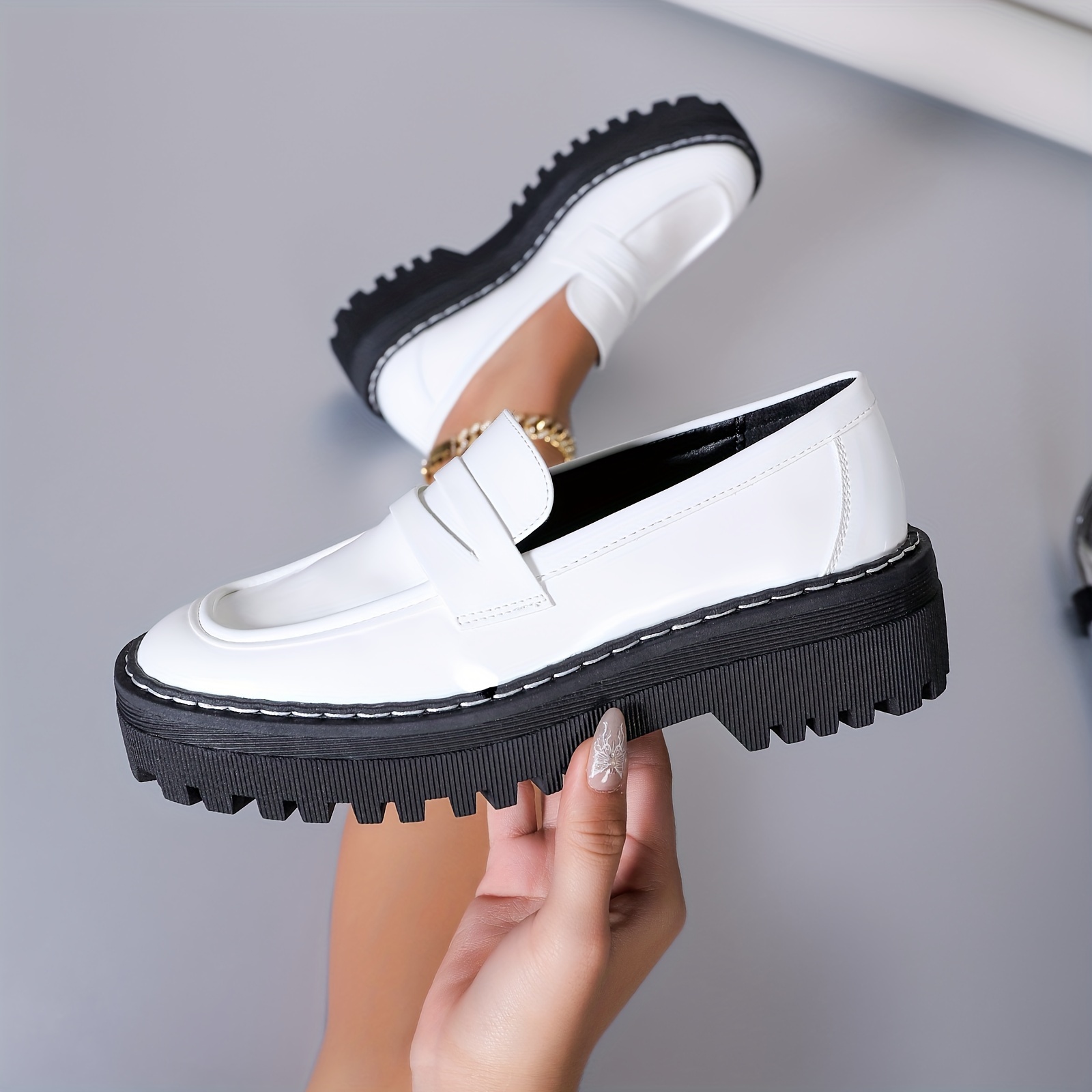 Women's Platform Loafers Solid Color Square Toe Slip Shoes - Temu