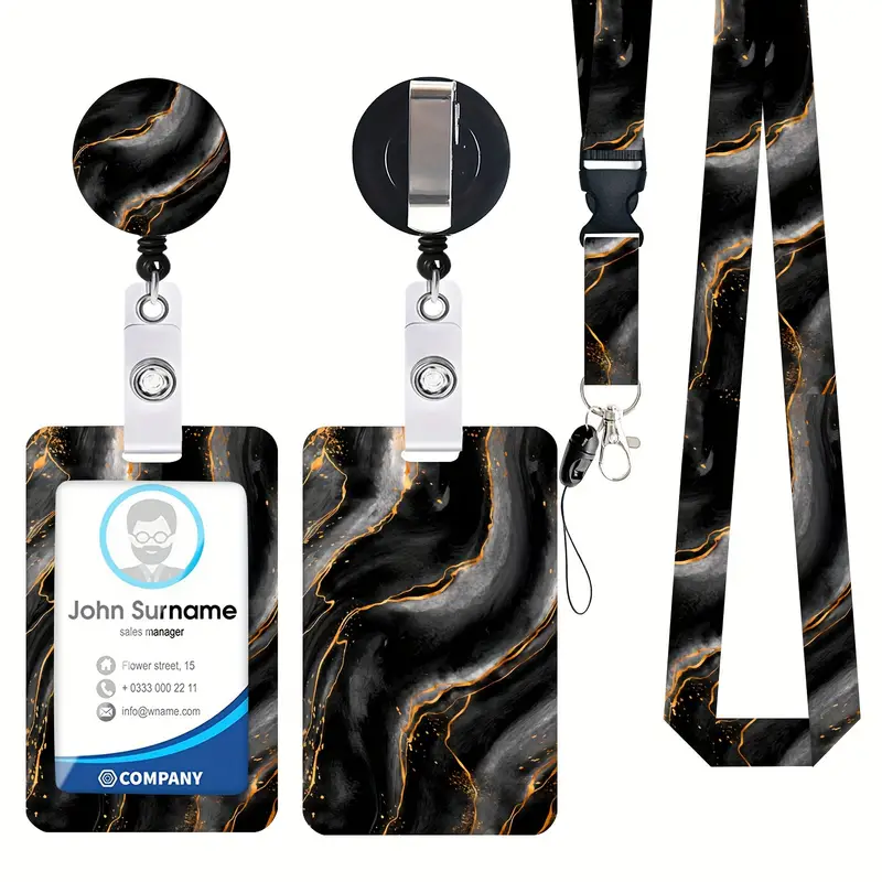 ID Badge Holder with Lanyard,Marble Retractable Badge Reel with Belt Clip, Detachable Lanyard Name Card Tag Vertical ID Protector Badge Reel for