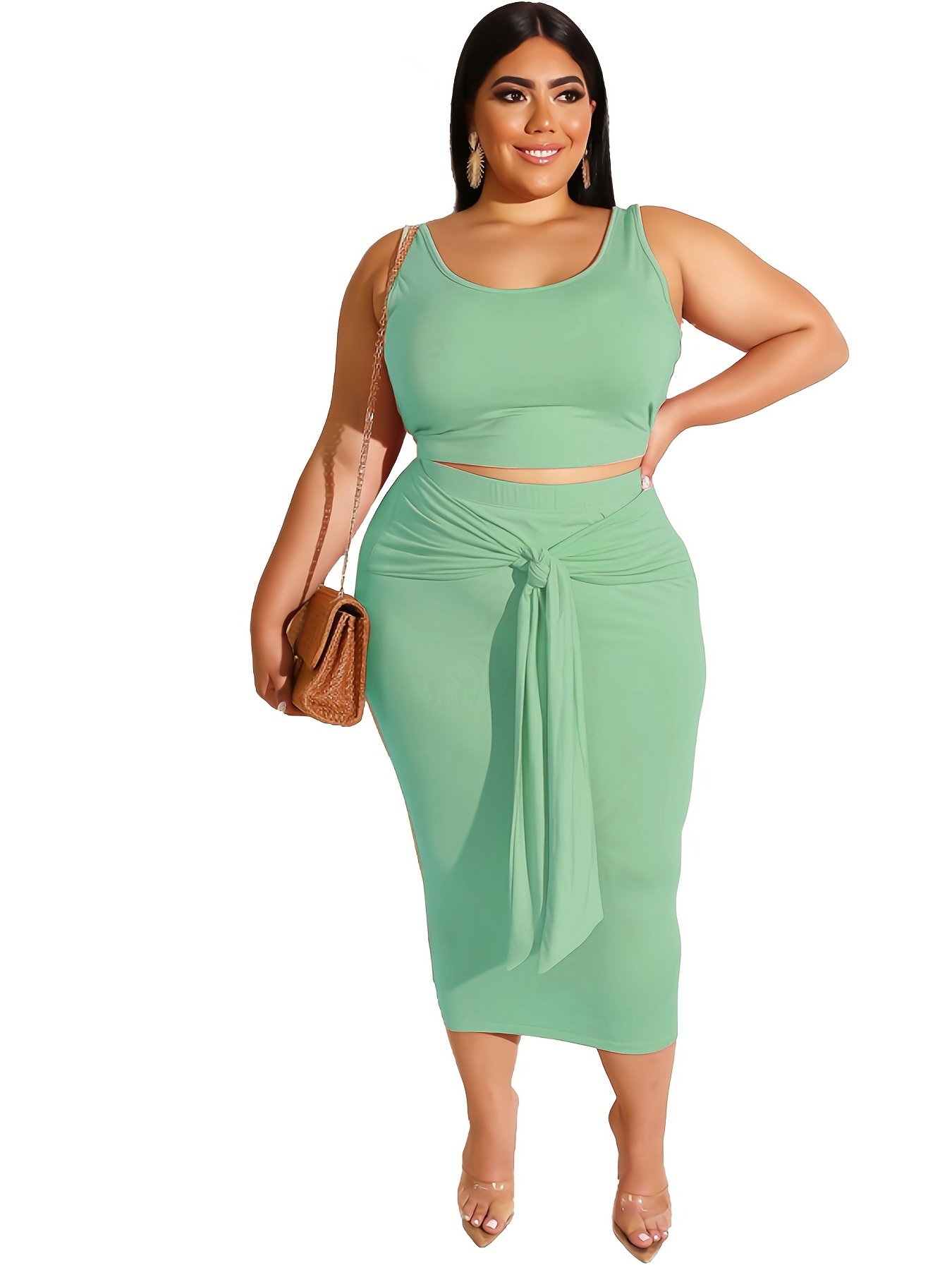 Plus Size 2pcs Solid Color Women Suits Crop Top + Long Skirt Set