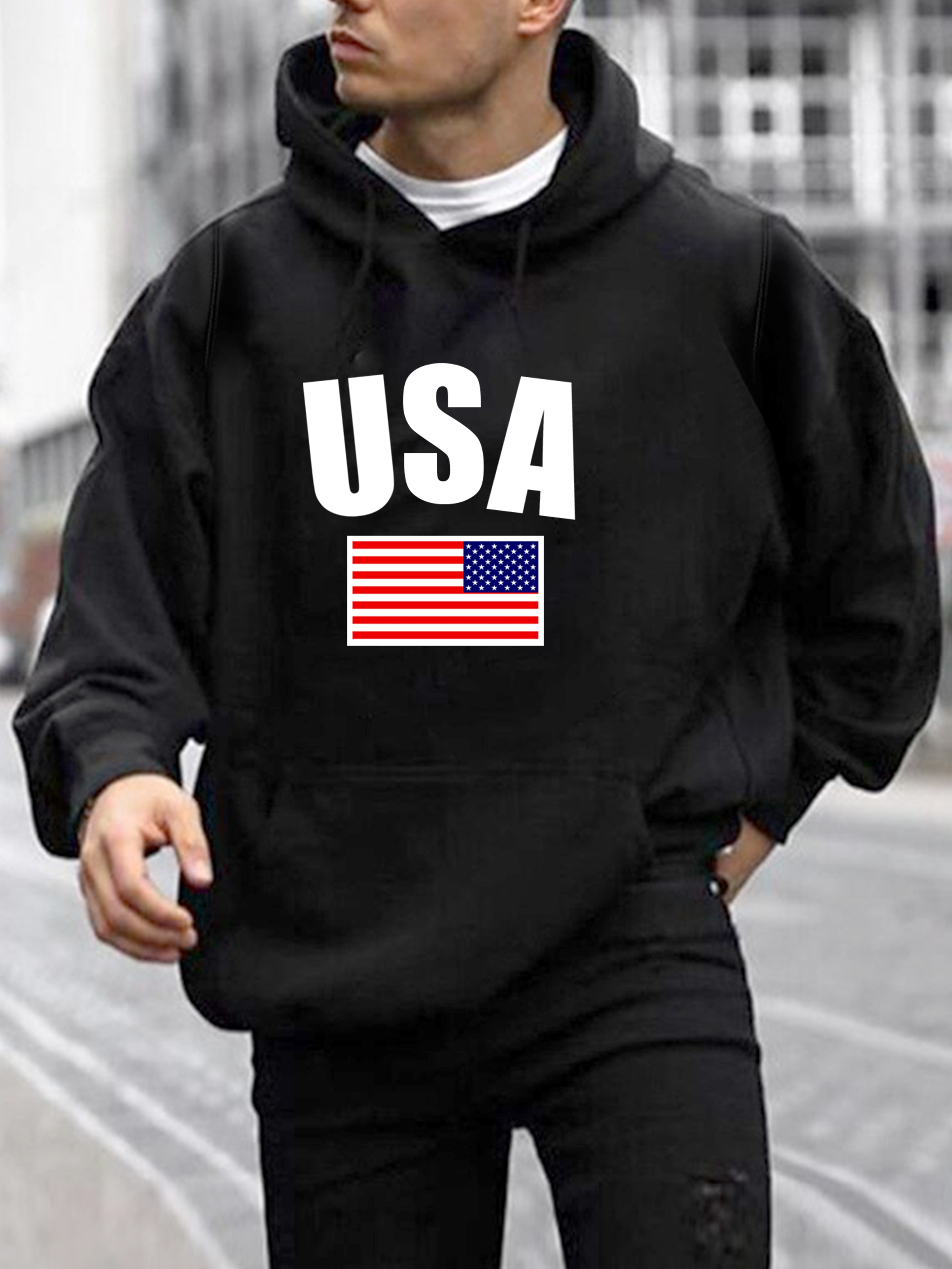 Usa Print Hooded Sweatshirt Front Pocket Long Sleeve Causal - Temu