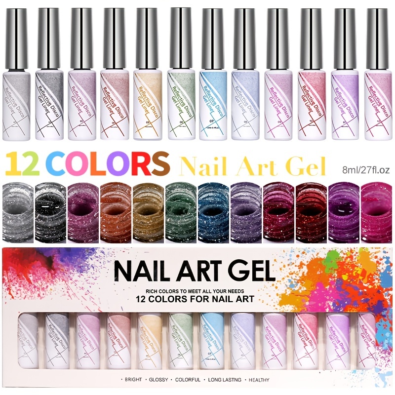 

Painted Nail Polish Set, 12 Color Line Art Painted Gel Nail Polish Set Glitter For Nails Painting Drawing Soak Off Uv Led Curing Requires Bulid In Thin Nail Art Brush, Glitter Style