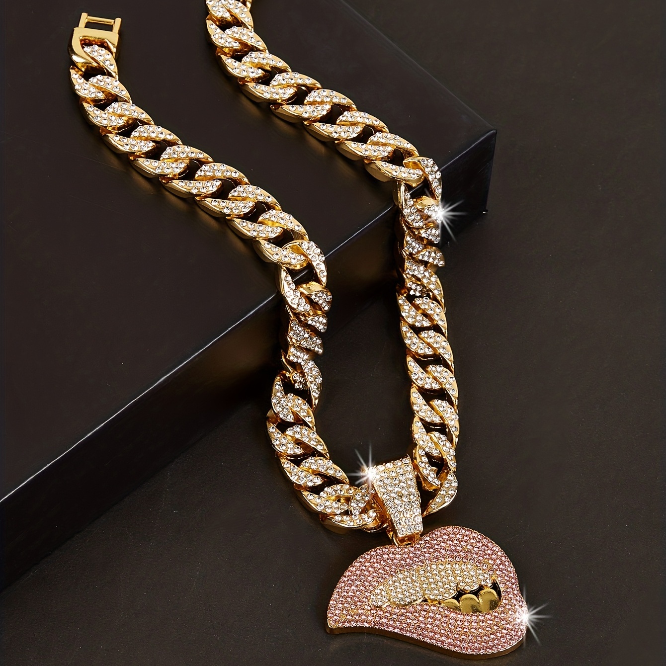 Pink Lips Pendant Cuban Chain Necklace