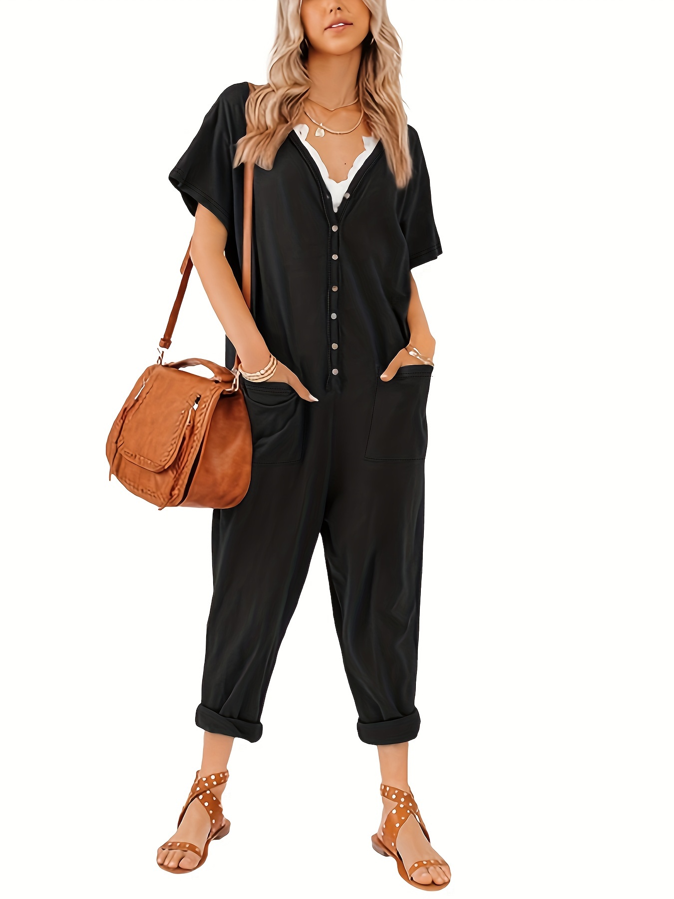 Jumpsuits For Women Summer Casual Short Sleeve Lapel Button Down